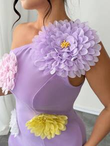 Elenzga 大码女式不对称肩部拉链性感多色3D立体花卉优雅鸡尾酒会迷你连衣裙 - 淡紫色 - 查看 7