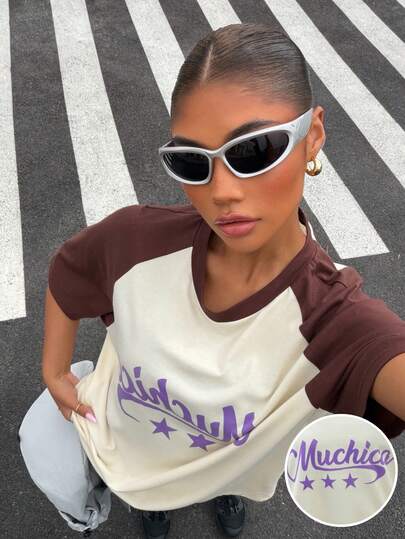 Muchica 女士字母星形印花撞色插肩短袖休闲T恤