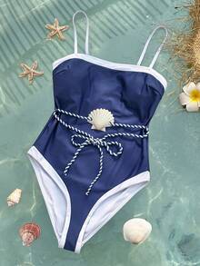 Swim Chiccia Áo tắm liền thân kiểu thủy thủ màu đen trắng dành cho nữ, thích hợp cho kỳ nghỉ biển và hẹn hò, mùa xuân/hè. - Màu xanh lam - Xem 4