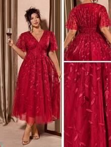Allurite Plus Size Elegant V-Neck Mesh Sequin Ruffle Hem Party Dress, Red - Red - View 2