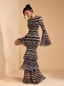 JIAN LASALA Vestido bohemio de mujer con cuello redondo, mangas acampanadas y estampado total de malla, para vacaciones y uso casual - Multicolor - Ver 4