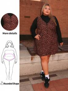 Enliva 女式加大码纯色立领长袖 T 恤和豹纹吊带连衣裙休闲两件套，秋季 - 卡其色 - 查看 1