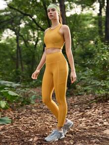 SHEIN In My Nature Quần bó sát nữ mới, cạp chun co giãn, có túi, kiểu dáng ôm sát, màu cam. - Màu vàng - Xem 3