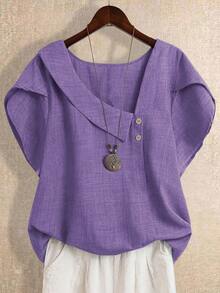 EMERY ROSE Áo sơ mi mùa hè thanh lịch cổ lệch dáng cỡ lớn - Màu tím  Violet - Xem 1