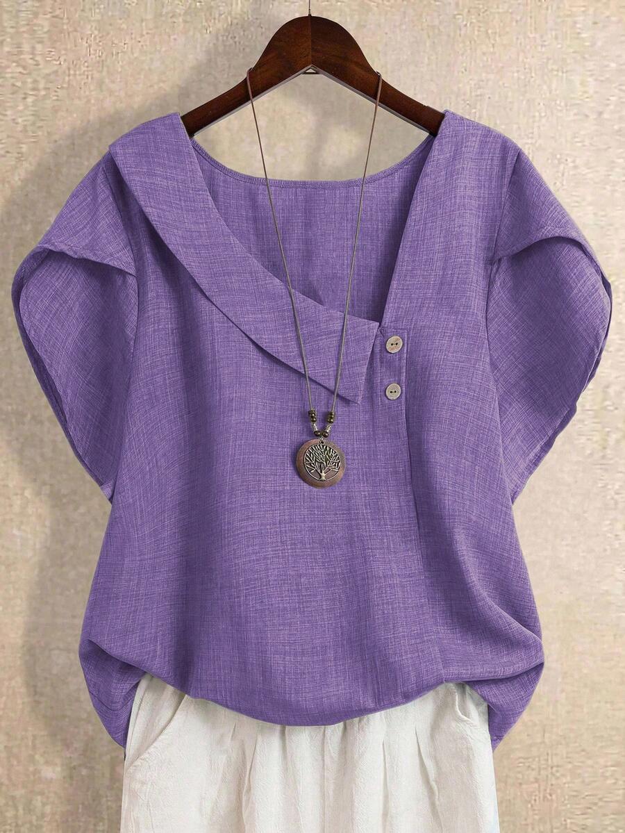 EMERY ROSE Áo sơ mi mùa hè thanh lịch cổ lệch dáng cỡ lớn - Màu tím Violet - Xem 1