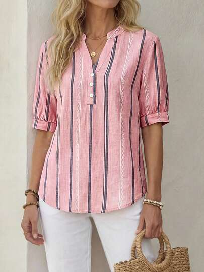 EMERY ROSE Casual Minimalist Loose V-Neck Three-Quarter Sleeve Women's Shirt Suitable For Summer Women's Shirt Summer Outfits For Women Going Out Tops Women Cute Shirts Flowy Top Women Summer Clothes Cute Summer Tops Cute Shirts Polka Dot