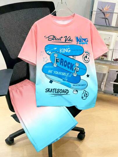 男童渐变色短袖上衣和短裤两件套，滑板印花，宽松版型，适合春夏运动和休闲穿着。