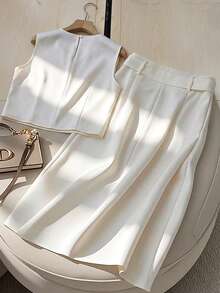 GlowEve Conjunto de 2 piezas de blusa sin mangas de cuello redondo blanca con perlas falsas y falda evasé con cinturón ajustable, adecuado para salidas diarias de verano, vacaciones, playa, carnaval 2026, atuendo minimalista para oficina y transporte - Blanco - Ver 2