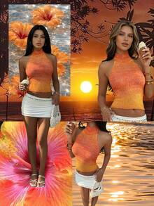Selianne Women's Sexy Cute Y2K Backless Knit Top, Orange Gradient Slim Fit, Spring Summer Outing Club Beach Date Vacation Country Music Festival - Orange - View 6