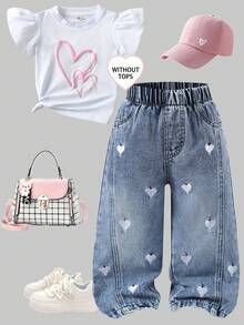Genkimix Kids Jeans de estilo lindo para niñas, primavera/otoño y otoño/invierno, color azul claro de mezclilla, diseño de bordado de corazón blanco, pierna recta holgada, tela suave y cómoda, adecuado para la escuela, el transporte y el uso diario - Lavado ligero - Ver 4