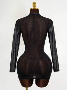 Mistrie Đầm dài tay in họa tiết xuyên thấu gợi cảm mới dành cho nữ, chất liệu lưới lụa, phong cách YK2 cá tính. - màu đen - Xem 2