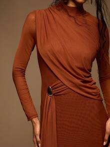 MUSERA Slinky High Neck Trim Drape Detail Fitted Long Sleeve Maxi Dress Spring Summer Elegant Vacation Holiday Ibiza Club Occasion Sexy Evening Wedding Guest Sunset Kiss - Orange - View 6