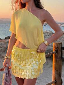 Aloruh 女士度假套装 - 不对称领口网纱露脐上衣和亮片迷你裙两件套 - 淡黃色 - 查看 3