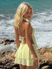 Aloruh Women's Pale Yellow Chiffon 2 Pieces Set Solid Hollow Asymmetric Hem Tank Top And Mini Skirt,Summer Tropical Holiday Vacation Boho Beach Outfits - Yellow - View 2