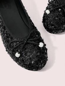 CUCCOO DOLLMOD 女士黑色亮片编织面料简约蝴蝶结串珠方头芭蕾平底鞋，适合四季生日派对穿着。 - 黑色 - 查看 5