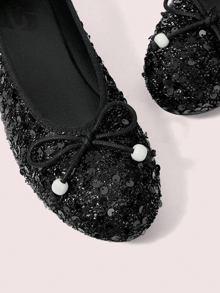 CUCCOO DOLLMOD Ladies' Black Sequined Woven Material And Simple Bow Beaded Square Toe Ballet Flat Shoes Are Suitable For Birthday Parties In Four Seasons