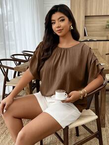SHEIN LUNE 大码女式春夏圆领褶皱袖宽松休闲衬衫 - 棕色 - 查看 3