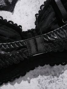 AltCore 哥特风蕾丝PU皮交叉胸罩，性感女士内衣，小号 - 黑色 - 查看 5