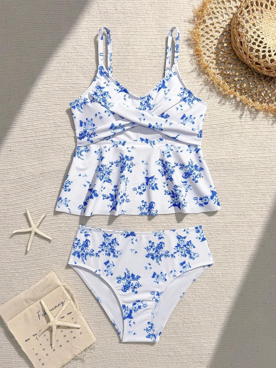 少女两件式泳衣,针织面料舒适吊带比基尼上衣,配有可调节交叉肩带,可爱碎花三角泳裤,适合度假、游泳池、夏季假期和海滩穿着。 - 彩色 - 查看 1