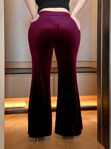Vibekara 加大码黑色丝绒修身喇叭裤，时尚显瘦，秋冬款 - 酒紅色 - 查看 2