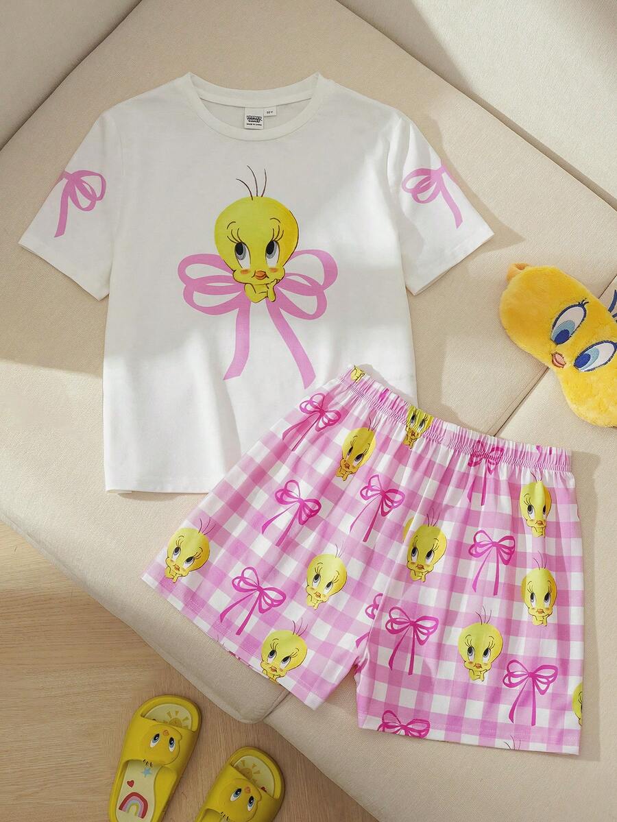 LOONEY TUNES X SHEIN 少女卡通印花休闲短袖家居服套装，X - 白色 - 查看 1