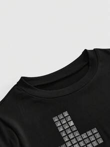 ROMWE Grunge Punk Women's Cross Studded & Rhinestone Y2K Punk Street Tight Fit Baby Tee - Black - View 3