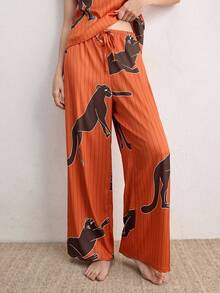 Ocili Bohemian Satin Leopard Animal Lace Minimalist Draped Neck 2-Piece Set, Spaghetti Strap Long Pants, Comfortable Women Sleepwear Pajama Set - Coral Orange - View 7