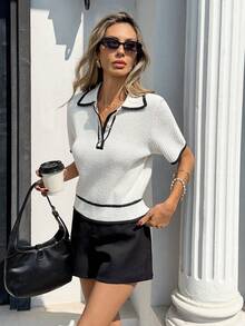 Franclia Women's Casual White And Black Contrast Color Knit Short Sleeve Top,Summer Elegant Office Back-To-School Polo Shirt,Cute Double Lined Sweaters Tops - White - View 5