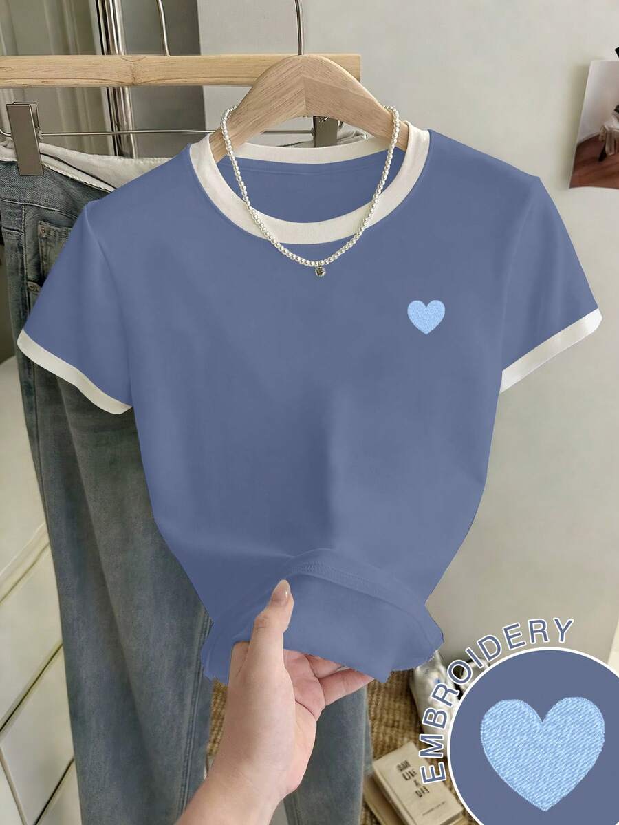 Resyla Plus Size Summer Casual Heart Print Contrast Trim Short Sleeve T-Shirt - Multicolor - View 1