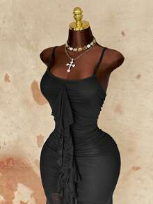 Sunspun Vestido justo sem mangas com detalhes franzidos, tamanho grande - Preto - Ver 4
