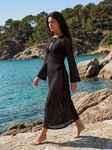 Maija Women's Tie Neck Casual Beach Cover Up Dress - Black - View 4