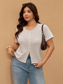 Elaquor Plus Size Women Striped Round Neck Short Sleeve Button Design Casual T-Shirt Knit Top Curve Tops Summer Spring/Summer For Vacation - Apricot - View 7