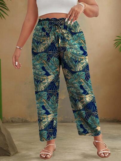 Travachic Plus-Size Women's Vacation-Style Loose Striped Pants With Tropical Floral Print, Featuring A Drawstring Waistband And Ruffled Hem, Perfect For Spring And Summer Outings And Vacations.