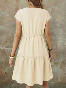 EMERY ROSE Gaun Wanita Kasual Boho Bahan Mirip Linen Putih Berpayet Lengan Pendek Leher Bulat Panjang Sedang, Musim Semi/Panas, Gaun Musim Panas untuk Liburan Wanita - Aprikot - View 2