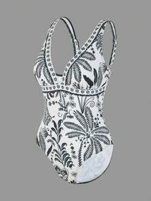Swim Vcay Women's Summer White Floral One-Piece Swimsuit,Boho Elegant Black And White Thick Strap Avant-Garde Minimalist Beach Vacation Holiday Party Swimwear - Multicolor - View 3