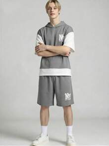 Vacaura 青少年男孩休闲撞色连帽衫短裤套装，适合日常穿着、通勤和运动。 - 灰色 - 查看 5