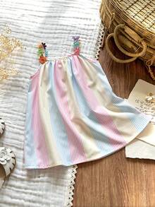 Vintaside Kids 女婴彩色花卉丝带拼接条纹A字连衣裙，适合日常休闲和节日场合 - 彩色 - 查看 4