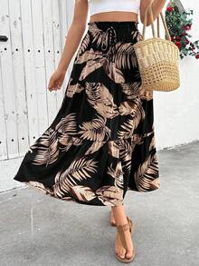 SHEIN Holidaya Chân váy chữ A nữ có dây rút eo, họa tiết lá cây, kiểu dáng thường ngày, đa năng, thích hợp cho hẹn hò và đi chơi. - màu đen - Xem 7