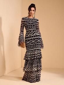 JIAN LASALA Vestido bohemio de mujer con cuello redondo, mangas acampanadas y estampado total de malla, para vacaciones y uso casual - Multicolor - Ver 3