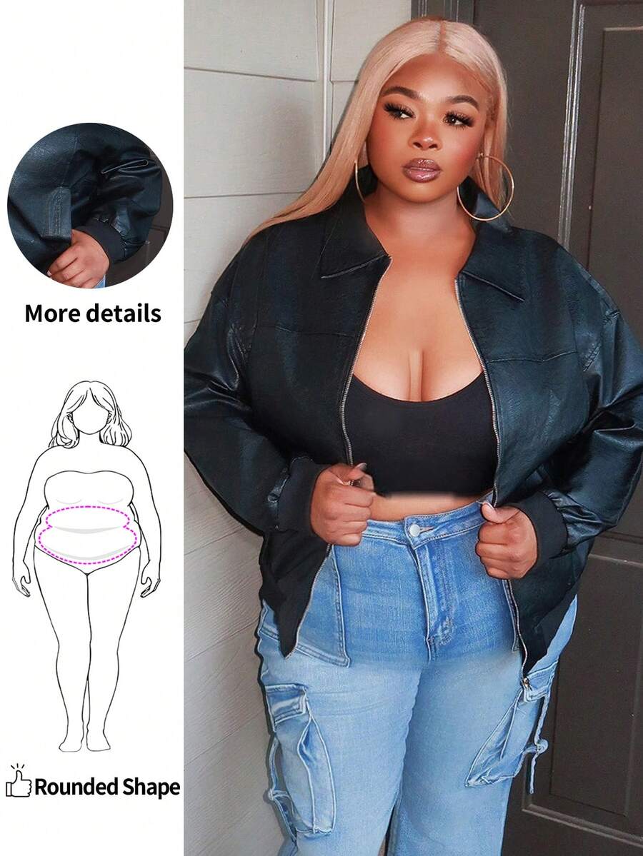 Enliva Plus Size Black Retro Style PU Jacket With Turn-Down Collar, For Winter Faux Leather Jacket Plus Size Leather Jacket, For Apple & Rounded Body Shape - Black - View 1