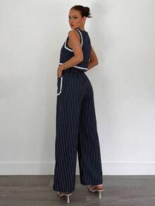 Siren Gaze Bộ đồ hè 2 món dành cho nữ, áo kiểu phối viền tương phản và quần ống rộng màu trơn, thích hợp mặc hàng ngày hoặc đi làm. - Nhiều màu - Xem 2