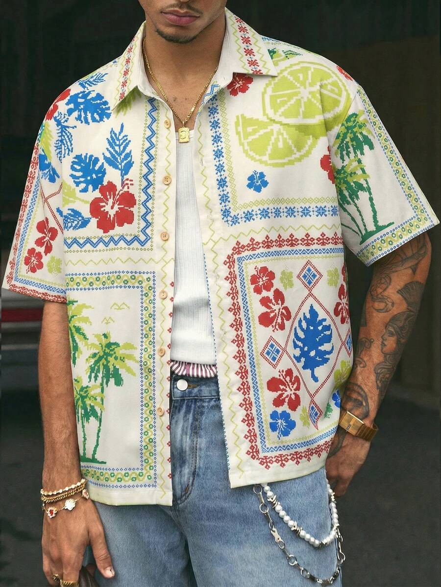 AXEPEAK 男士时尚街头风印花短袖衬衫 - 彩色 - 查看 1