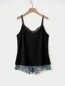 Mellowie 大码女式V领蕾丝拼接黑色底夏季纯色吊带背心，优雅适合度假、约会、派对等场合，时尚百搭。 - 黑色 - 查看 3