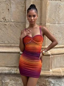 Aloruh 女士新款夏季度假音乐节扎染印花网纱扎染印花编织肩带扭结胸罩杯性感修身鱼尾连衣裙，适合海滩、度假、沙滩、日落等场合 - 彩色 - 查看 5