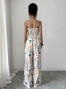 Elenzga 新款女士前系带镂空印花连体裤，无袖露背吊带连体裤，休闲时尚优雅百搭女士连体裤，适合外出、通勤、派对、下午茶、聚会等场合。 - 杏色 - 查看 2