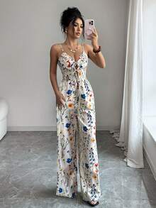 Elenzga 新款女士前系带镂空印花连体裤，无袖露背吊带连体裤，休闲时尚优雅百搭女士连体裤，适合外出、通勤、派对、下午茶、聚会等场合。 - 杏色 - 查看 7