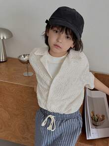 Dazy Kids 男童休闲度假风纯色纹理面料宽松衬衫，夏季 - 杏色 - 查看 5