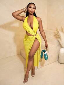 SHEIN BamGlam Đầm nữ cổ yếm xẻ tà khoét eo, chất liệu xuyên thấu. - Màu vàng - Xem 3