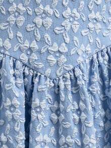 1pc Girls Jacquard Weave Vacation Style Sleeveless Waist Cinched Lightweight Summer Dress - Blue - View 4