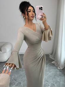 Modelyn Women's Elegant Ruffle Flare Sleeve Split Dress, Autumn - Apricot - View 3